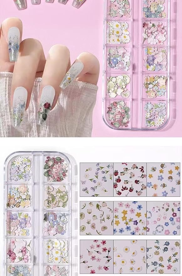 Mixed Colors Nail Flowers, 300pcs 3D Flower Nail Art Sequins Decals Mixed Leaves Design Slice Nail Flowers Ultra Wood Pulp Flakes Sequins 4