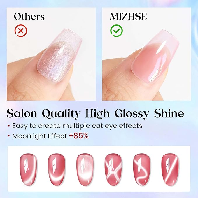 MIZHSE Cat Eye Gel Nail Polish, 6 Colors Moonlight Ceramic Magnetic Gel Nail Polish with Magnet Stick, Trendy French Cateye Polish Kit Soak off Nail Art DIY Salon Gift for Women