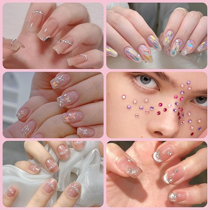 10 Boxes Nail Art Kit, Colorful Glass Nail Rhinestones, 2-6mm White Flatback Pearls, 3D Gold Studs Holographic Foil Flakes and Iridescent Glitter Sequins with Tweezers Brush