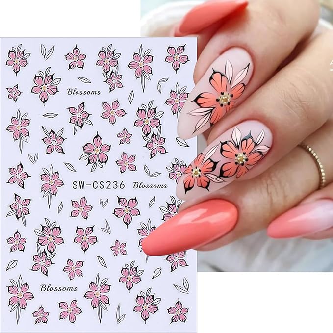 6Sheets Flower Nail Stickers Retro Style Floral Nail Art Stickers Spring Summer Nails Decals Cherry Blossom Kapok Daisy Nails Design Supplies Colorful Flower Sticker for Women Acrylic Manicure Decor