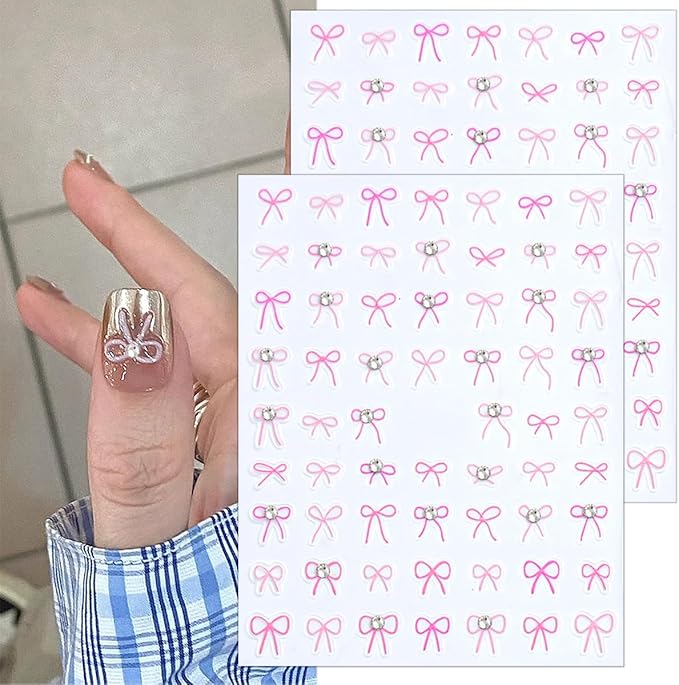 4 Sheets Bow Nail Stickers for Nail Art 5D Self-Adhesive Bow-Knot Nail Decoration Pink Blue Bows Nail Art Stickers with Crystal Diamond Embossed Rhinestones Nail Decals for Women Girls Nail Design