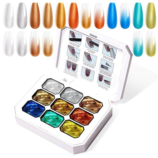 Gradient Painting Gel, 9 Colors Ombre Gel Nail Polish Gold Silver Metallic Effect Pigment Pat Aura Nails French Manicure Soak Off UV Long-lasting Home Salon DIY Nail Art Satin Metal(01)