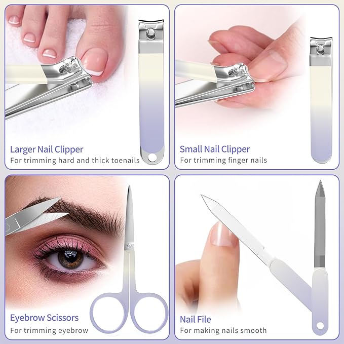 Manicure Set 10 in 1 Stainless Steel Nail Clippers Scissors Tweezers Grooming Kit with Travel Case (Purple)