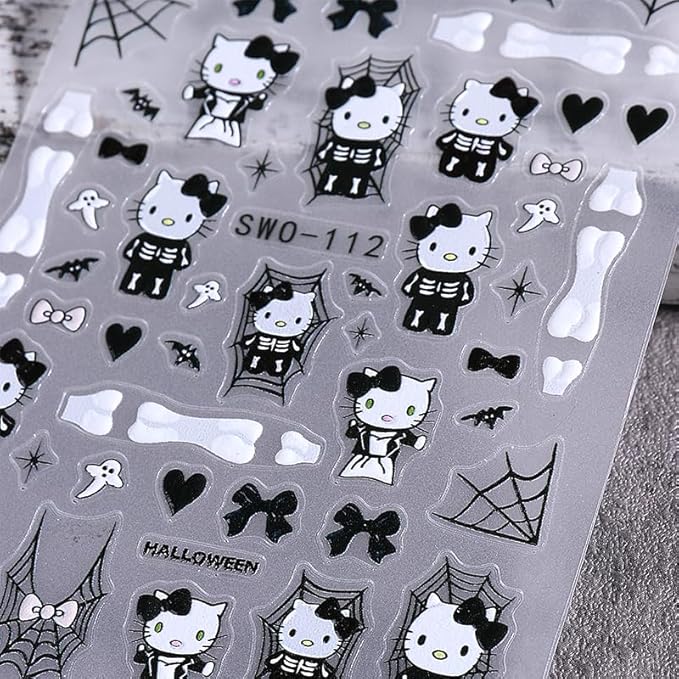 4 Sheets Halloween Nail Art Stickers Decals 3D Self-Adhesive Scary Bat Spider Web Skull Nail Stickers Gothic Black Cat Nail Decals for Women DIY Manicure Halloween Party Nail Decoration