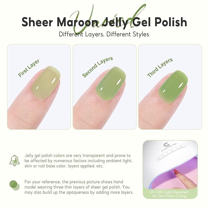 PEACECOLOR Green Jelly Gel Polish Set, 6 Colors 10ML Transparent Clear Green Collection Jelly Gel Nail Polish Set Fall Nail Art Design Home Salon DIY Gifts for Women