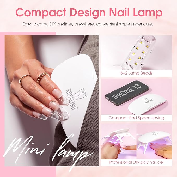 ROSALIND 20 Poly Nail Gel Kit with Mini Nail Lamp Glitter Collection with Tools Clear Poly Nail Gel Starter Kit with Nail Forms Base Coat Coat Basic Tools for Beginners with Everything