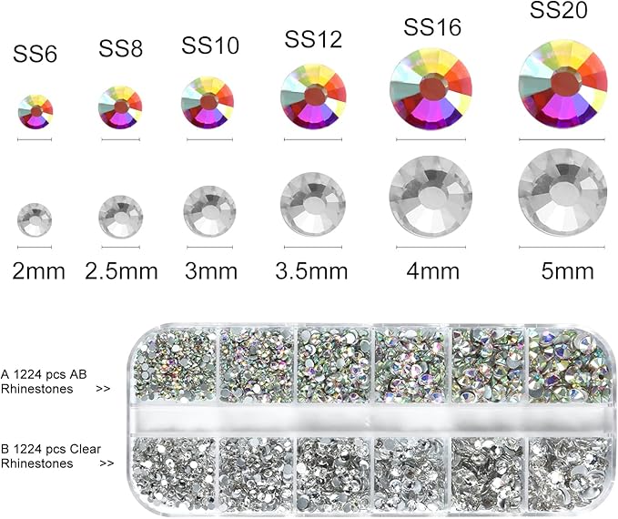 2448 Pieces Clear Flat Back Gems 6 Sizes Round Crystal Rhinestones for nails with Pick Up Tweezer and Rhinestones Picking Pen for Crafts Face Art Clothes Shoes Bags（AB&clear）