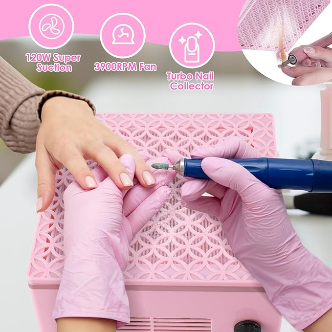 Nail Dust Collector Dust Collector Machine Reusable Filter & Powerful 120W (Pink, Adjustable Speed Version)