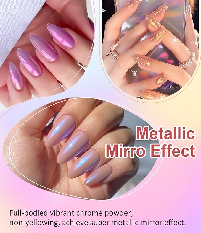 3D Nail Gel and Chrome Nail Powder Kit BISHENGYF: 15g No Wipe 3D Sculpting Gel Aurora Pink Blue Gold Chrome Nail Powder with Clear 3D Carving Nail Molding Glue Set for Nail Art Decoration