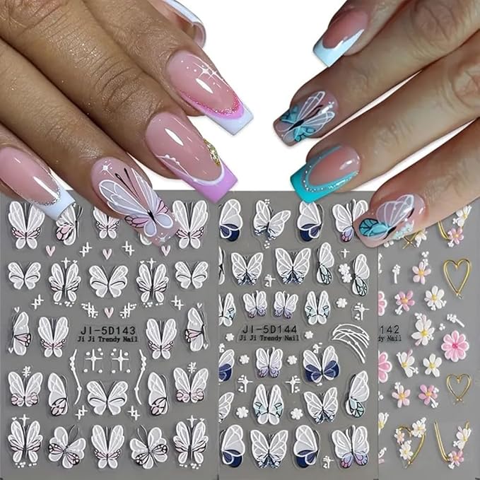 3Pcs Flower Nail Art Stickers Decals 5D Pink Flowers Nail Stickers Spring Relief Blue Butterfly Design Nails Art Decals for Decorations Flower Stickers for Nails Manicure Sliders for Women
