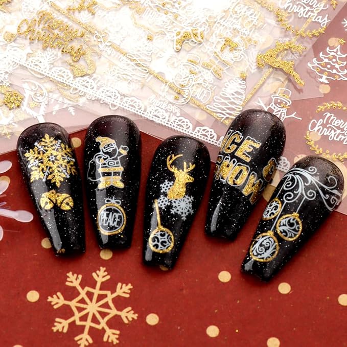 JMEOWIO 9 Sheets Christmas Nail Art Stickers Decals Self-Adhesive Pegatinas Uñas Bling Snowflake Snowman Holiday White Gold Nail Supplies Nail Art Design Decoration Accessories