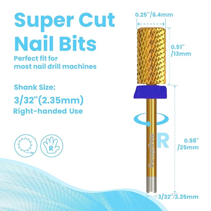 Super Cut Large Barrel Nail Drill Bits, 3/32'' Professional Tungsten Carbide Bits, Remove Hard and Soft Gel Fast, Right Hand Use, Manicure Pedicure Cuticle Gel Polishing, Gold Color, Medium.