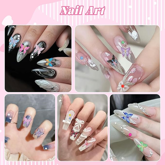 100Pcs Butterfly Nail Charms with 200Pcs Pearls, Colorful 3D Resin Nail Butterfly Charms, White & Macaron Rhinestones for Nail Art, DIY Crafts, Spring Summer Manicure Decoration for Women Girls