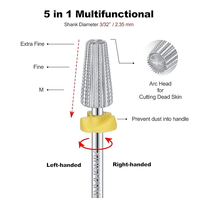 Nail Drill Bit 5 in 1 Multifunctional Drill Bit Carbide 2 Way Rotate Use for Both Left and Right Handed, Fast Remove Acrylic or Hard Gel, Manicure Nail Drill Machine,Extra Fine