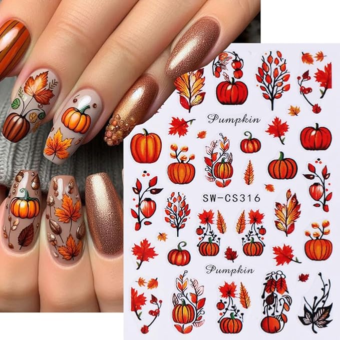 Fall Nail Stickers Thanksgiving Pumpkin Maple Leaf Nail Art Stickers Autumn Glitter Nail Decals Self Adhesive Design Sticker 3D Nail Art Supplies Nails Decoration for Women Manicure Accessories 4Pcs