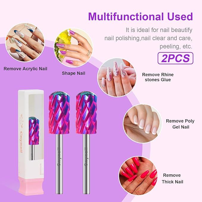 3/32" 2PCS Large Barrel Smooth Round Top Tungsten Carbide Nail Drill Bit Safety Bit for Gel & Acrylic Removal, Right Way Rotating Efile Tip, Salon Electric File Accessory (5XC Grit, Purple)
