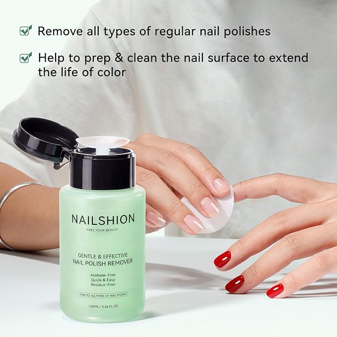 Nail Polish Remover with Aloe Vera, Non-Acetone Fingernail Polish Remover with Easy Push-down Pump, VE Non-Drying 5-10s Effectively to Clear Quick Dry Nail Polishes, 160ml