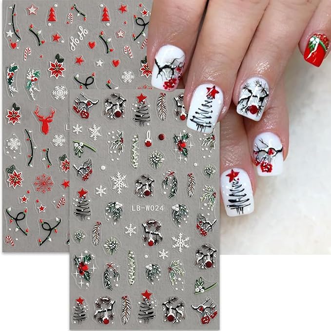 4Pcs Christmas Nail Art Stickers 5D Embossed Nail Decals Winter Christmas Tree Elk Snowflake Nail Art Design Self Adhesive Nail Supplies for Women DIY New Year Xmas Holiday Nail Decoration Accessories