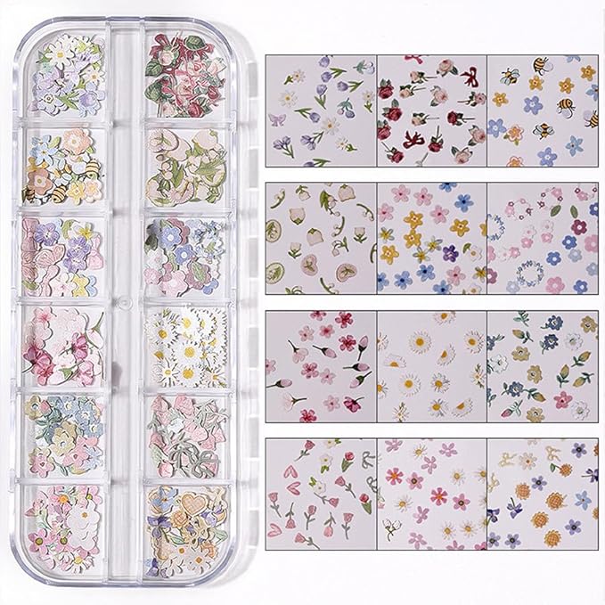 300Pcs 3D Flower Nail Art Charms Sequins Decals Colorful Mixed Flowers Leaves Butterfly Design Slice Nail Flowers Ultra Wood Pulp Flakes Sequins 1