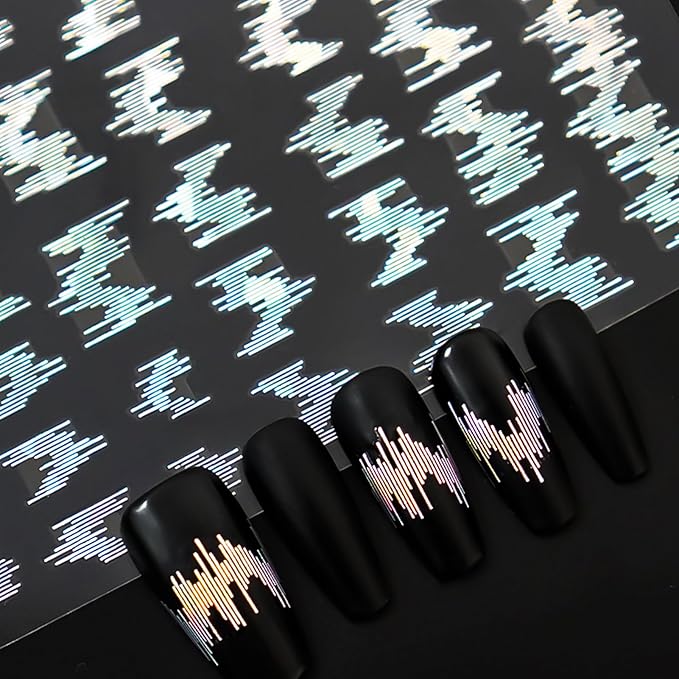 Laser Acoustic Wave Nail Art Stickers, Self-Adhesive 3D High Gloss Reflective Silk Glitter Vertical Strip Nail Decals Decorations (6 Sheets)