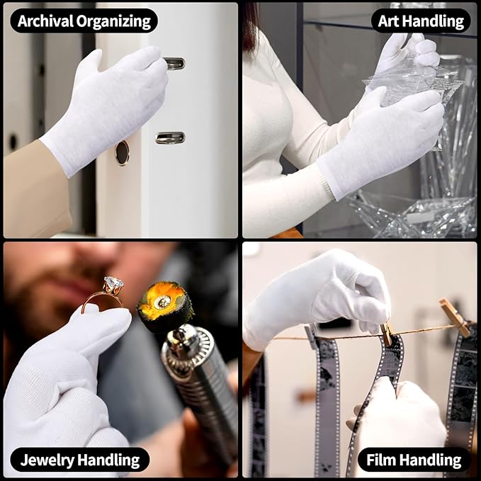 Extra Large Touch Screen Gloves, 5 Pairs White Cotton Gloves for Art Handling, Coin Handling, Jewelry, Photography, for Dry Hands Sleeping, with Pack of 20 Touch Screen Stickers