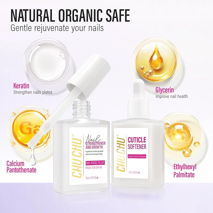 CHUCHU Nail Strengthener and Growth Kit: Clear Hardener and Repair & Cuticle Softener Set - Protein Ridge Filler Polish Quick Dry for Weak Peeling Brittle Splitting Nails - for Women Home Salon
