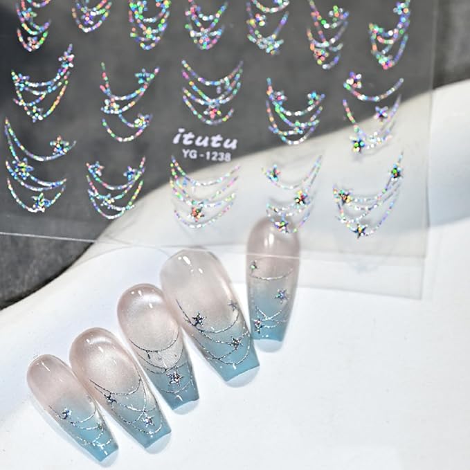 Star Nail Art Stickers Sliver Star Chain Nail Decals Self-Adhesive Laser Nail Stickers Shiny Chain Stars Manicure Supplies Cute French Nail Art Accessories for Women Acrylic Nails Decorations 1Pc