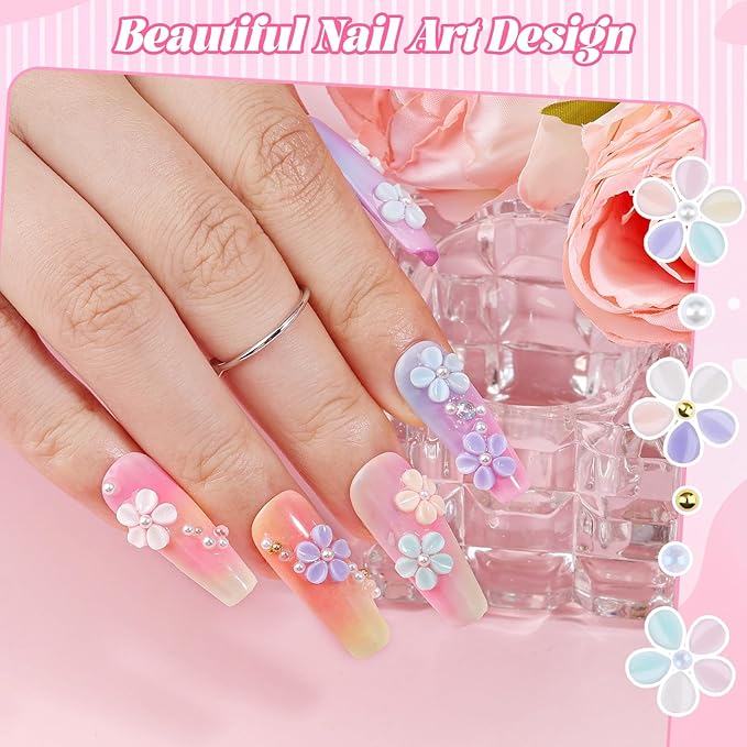 500Pcs Flower Nail Charms Kit, 400Pcs 3D Colorful Flowers Petals and 100Pcs Round Pearls with Nail Beads, Cherry Blossom Petal Tiny Gems Mixed Rhinestone for Nails DIY