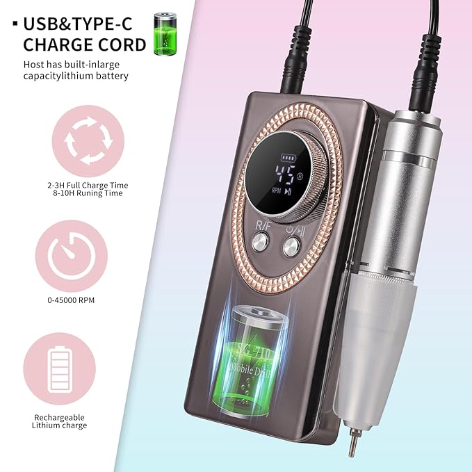 Electric Nail File for Acrylic Nail Kit, 45000RPM Electric Nail Drill Professional Manicure Pedicure Set with Nail Drill Kit Bits, Efile Cordless for Manicure