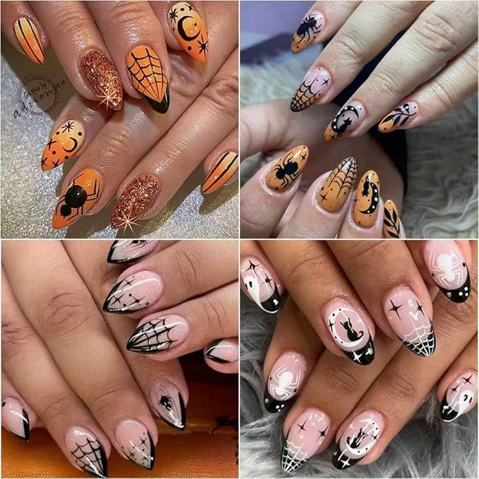 Halloween Nail Stickers Ghost Pumpkin Nail Decals DIY Self Adhesive Spider Web Gold Orange Nail Design 3D Nail Decoration Supplies Holiday Manicure Accessories for Women Girls 4Pcs