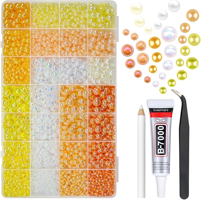 28 Types Yellow Flatback Pearls w B7000 Jewelry Glue for Bedazzling Crafting 3mm 4mm 5mm 6mm 8mm 10mm Flatback Colorful AB Half Pearls Charms for Nails Face Eyes Makeup Crafts Tumblers Bottles