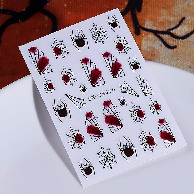 3 Sheets Halloween Nail Sticker for Nail Art 3D Self-Adhesive Spider Nail Stickers Red Black Nails Design Spider Web Nails Supplies Decoration Accessories for Women and Girls