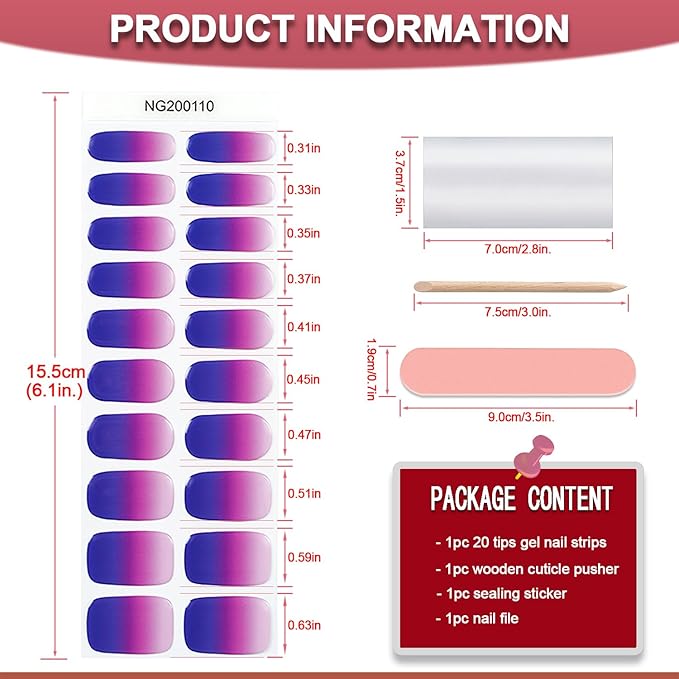 WOKOTO 20 Pcs Gradient Purple Semi Cured Gel Nail Strips With Nail File & Wooden Stick, Semi Cured Gel Nail Wraps Stickers, UV Light Gel Nail Polish Strips Stick On Real Nail Polish Stickers Kit