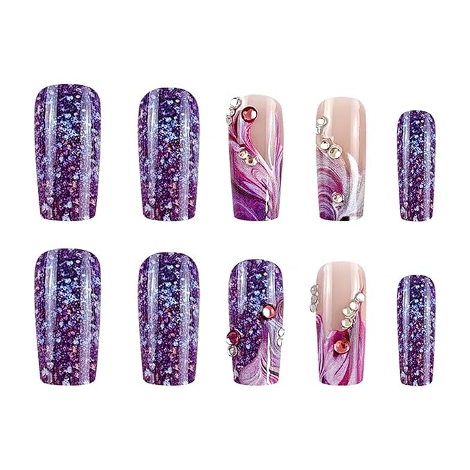 Purple French Manicure Press-On Medium Coffin False Nails Powder Purple Gradient with Rhinestone Design Glitter Shiny Full Cover Glue Nails for Women Girls Nail Art Set 24pcs