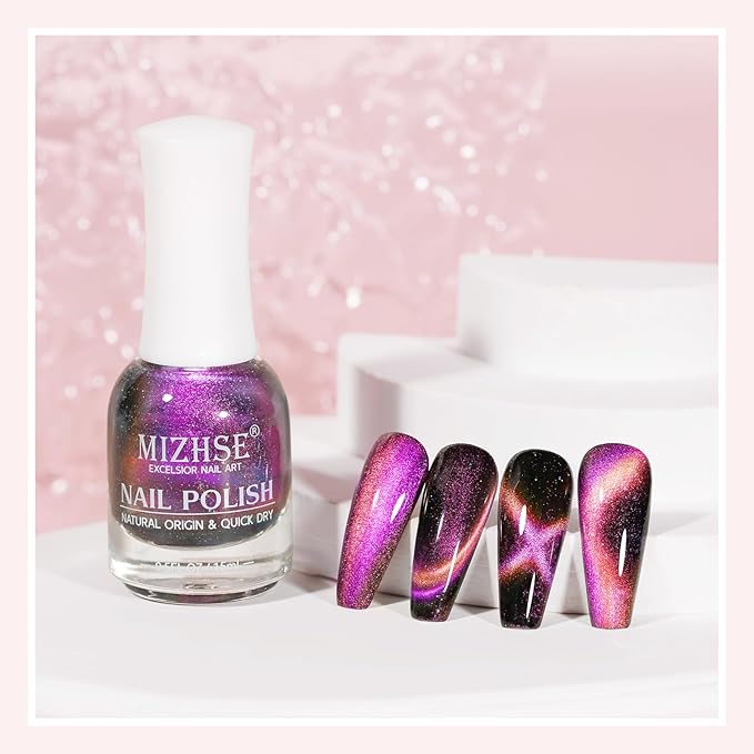 MIZHSE 9D Cat Eye Nail Polish Non Gel, Quick Dry Pink to Orange Magnetic Nail Polish with Magnet, Air Drying Fast Cateye Nail Lacquer Galaxy Effect Manicure Home Gift for Women 0.5 fl.oz 15ml