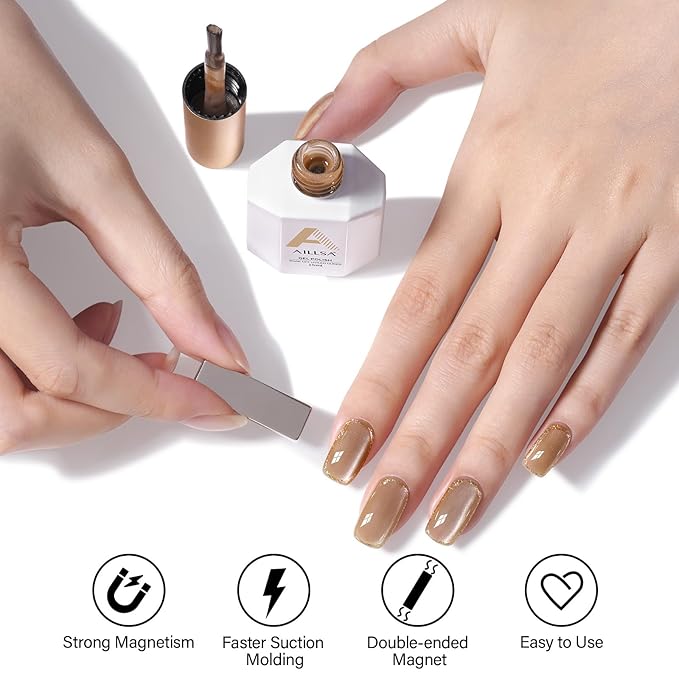 AILLSA Cat Eye Gel Nail Polish Champagne Gold Crystal Polish with Magnet, Jelly Glitter Glass Nail Polish Reflective Sparkle Translucent Shimmer Color U V Gel Salon DIY at Home 0.5 OZ GF29