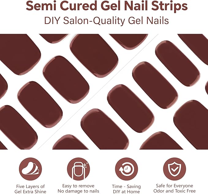 Semi Cured Gel Nail Strips-Sweat Resistant Adhesive,Sports & Shower Safe,Glossy Press Ons,18 Size Designs Works with Any UV/LED Lamps(Chilly)