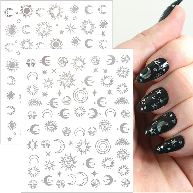 12 Sheets Sun Moon Star Nail Art Stickers Decals, 3D Self-Adhesive Fashion Trendy Minimalist Colorful Rose Gold Pegatinas Uñas Design, DIY Manicure Decoration Supplies Accessories for Women Girls