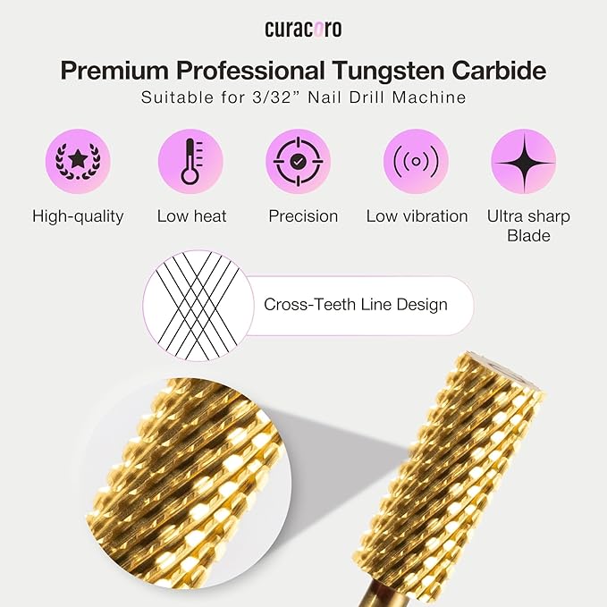 Curacoro Nail Drill Bits 3/32'' - Small Barrel Carbide Bit (Coarse) for Professional Finish, Precisely Remove, Shape & Smooth Acrylic or Gel Nails, Nail Art Pedicure Manicure Salon & Home