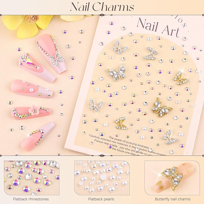 50Pcs 2 Styles 3D Butterfly Nail Charms and Flatback Gems Pearl, Silver+Gold Shiny Luxury Gems, Crystal Jewels Studs with Rhinestones for Nail Design, Nail Art Decoration Set for Acrylic Nails