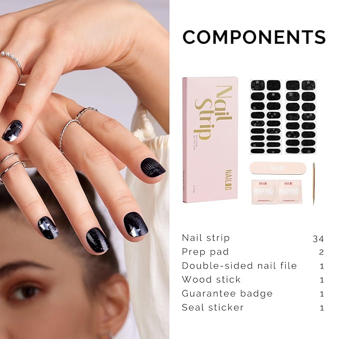 Semi Cured Gel Nail Strips - NAILOG 34 Pcs Gel Nail Stickers Buy 2 Get 1 UV Light | Long Lasting Nail Wraps with Glossy Gel Finish Black, Stardust