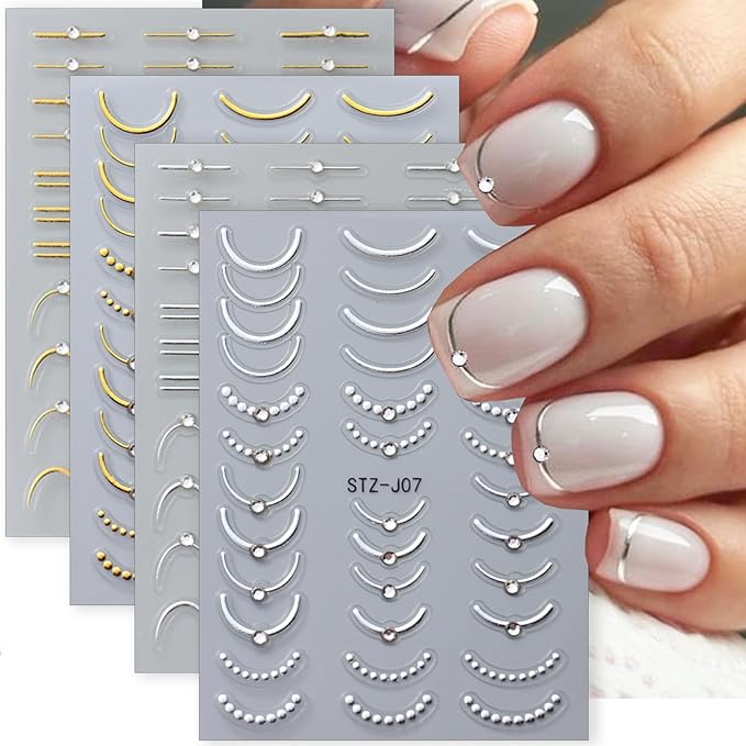 4 Sheets French Tip Nail Art Stickers 5D Simple Gold Silver Line Nail Stickers with Shiny Diamond Design Self-Adhesive Nail Decals French Sticker for Women Manicure Decorations