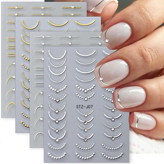 4 Sheets French Tip Nail Art Stickers 5D Simple Gold Silver Line Nail Stickers with Shiny Diamond Design Self-Adhesive Nail Decals French Sticker for Women Manicure Decorations