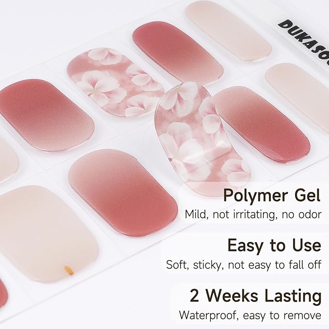 Semi Cured Gel Nail Strips | 28 pcs Gel Nails Strips Work with Any UV Lamps, Long Lasting UV Nail Stickers for Women DIY Nails Wraps(Pink Flower)