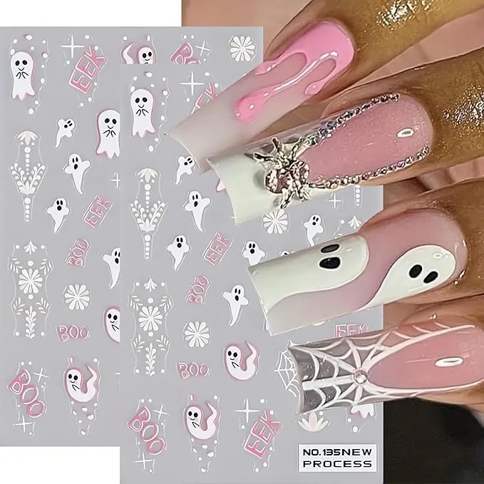 2Pcs Halloween Nail Art Stickers 5D Embossed Halloween Ghost Nail Decals Cute Ghost Spider Web Totem Pattern Designs Self Adhesive Horror Nail Supplies for Women Manicure Tip Decorations Accessories