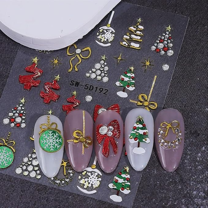 Christmas Nail Art Stickers 5D Relief Nail Decals Bow Nail Stickers for Nail Art Colorful Christmas Tree Heart Bow with Rhinestone Design Snowflake Nail Sticker for Women DIY Holiday Nails 3 Sheets
