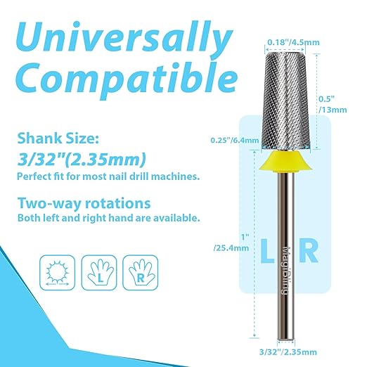 Professional Nail Drill Bits, Tungsten Carbide Cross Cut Tapered Barrel 3/32'' Safety Bits, Left and Right Hand Use, Remove Gel Fast, Manicure Pedicure Cuticle Gel Polishing, Extra Fine.