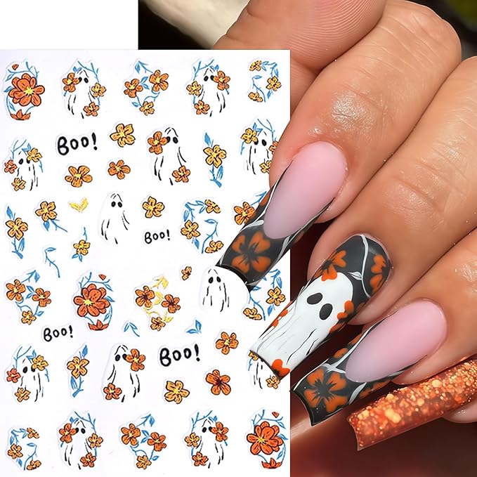 8 Sheets Halloween Nail Art Stickers Cute Ghosts Nail Decals Spooky Black Cat Flower Mirror Ghost Spider Web Design Pumpkin Bat Spider Nails Supplies Flower Ghost Nail Decor for Women DIY Manicure