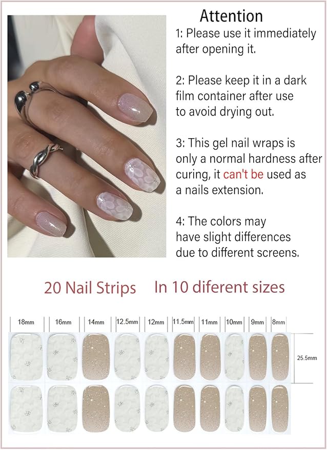 Semi Cured Gel Nail Strips, White Flower 20pcs Adhesive UV Sticker, Wraps for Home Manicure DIY