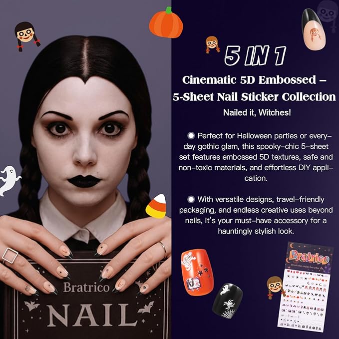 Halloween Nail Decals – 5 Sheets Bratrico 5D Halloween Nail Stickers, Self-Adhesive with Witch, Gothic, Creepy Cute， Horror Movie Designs Manicure Set for Family Time, Women, Girls & Teens